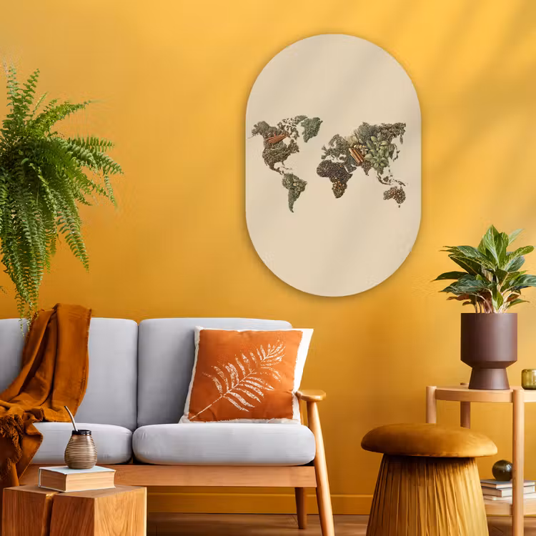 Wereldkaart - Kruiden - Kleurrijk Wandcirkel Ovaal Glas middel -sfeer4