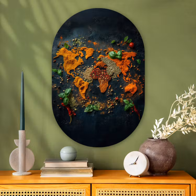 Wereldkaart - Kruiden - Levendige kleuren Wandcirkel Ovaal Glas middel -sfeer2