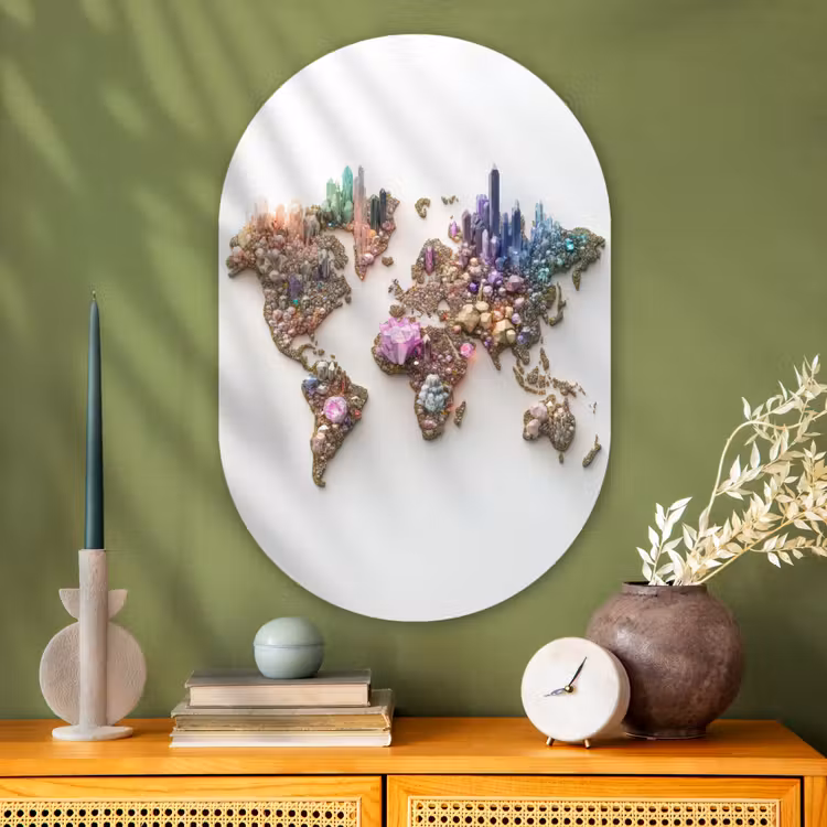 Wereldkaart - Kristallen - Unieke tinten Wandcirkel Ovaal Glas middel -sfeer2
