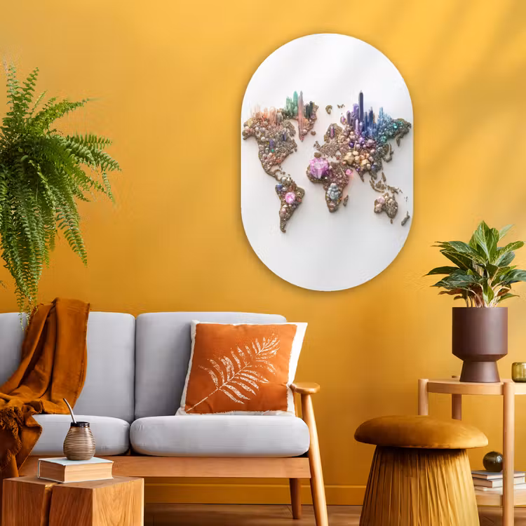 Wereldkaart - Kristallen - Unieke tinten Wandcirkel Ovaal Glas middel -sfeer4
