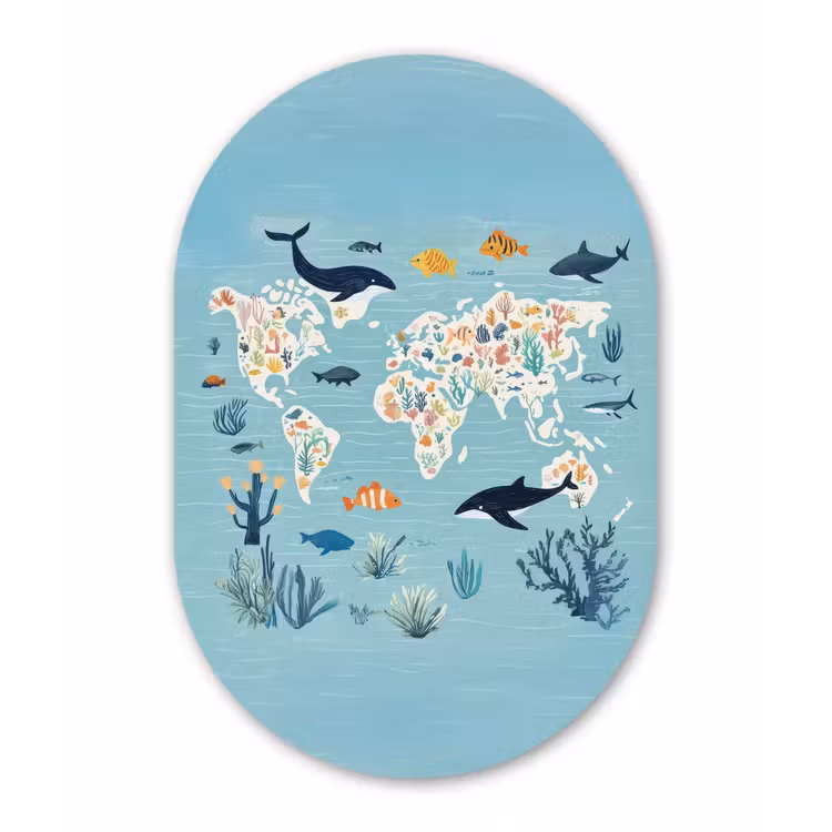 Wereldkaart - Zeeleven - Blauw Wandcirkel Ovaal Glas middel -3d