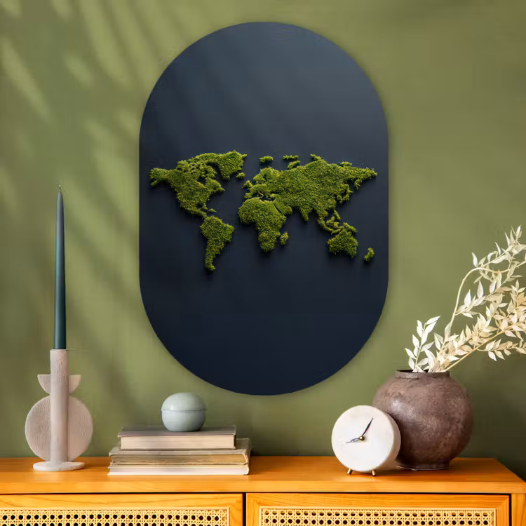 Wereldkaart - Mos -Levendig effect Wandcirkel Ovaal Glas middel -sfeer2