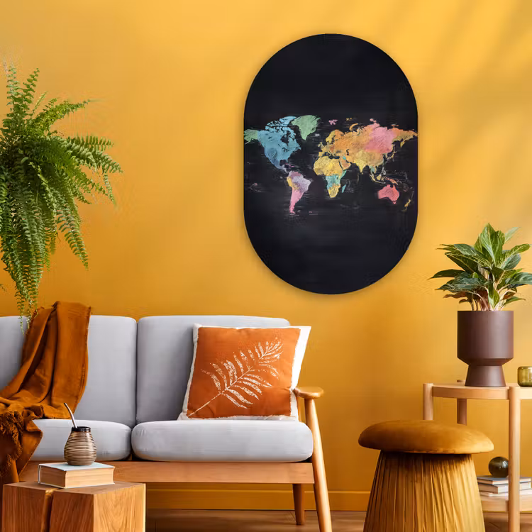 Wereldkaart - Krijtstrepen - Regenboog Wandcirkel Ovaal Glas middel -sfeer4