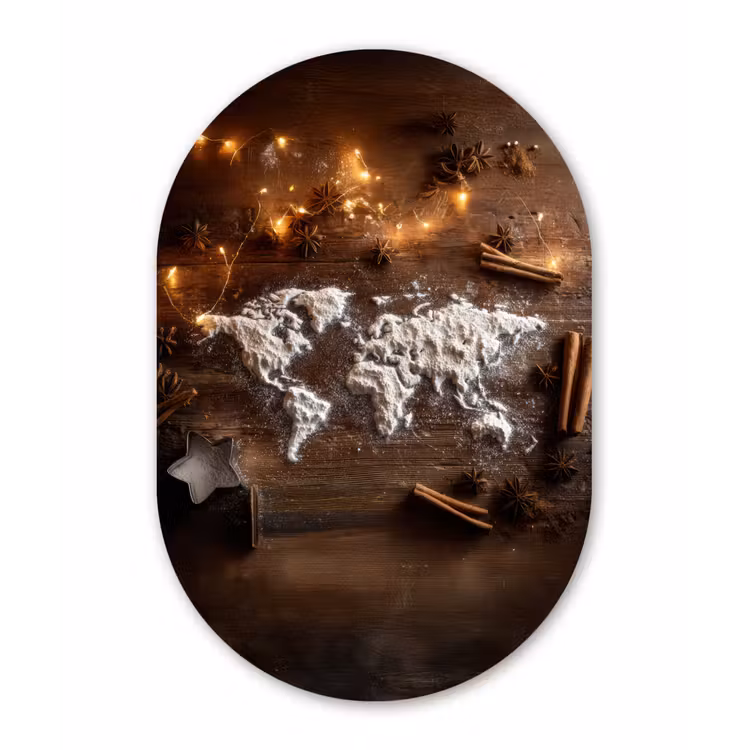 Wereldkaart - Poedersuiker - Hout Wandcirkel Ovaal Glas middel -3d