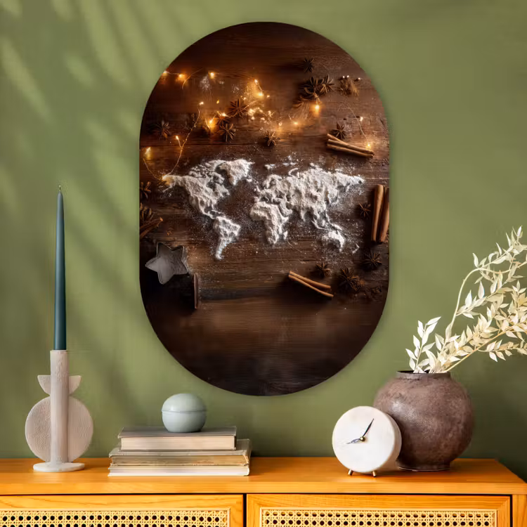 Wereldkaart - Poedersuiker - Hout Wandcirkel Ovaal Glas middel -sfeer2