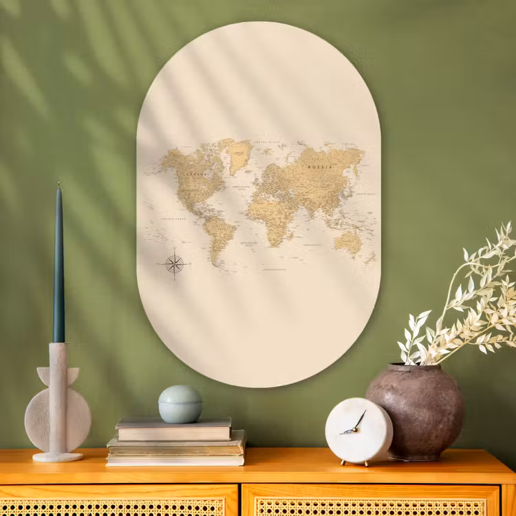 Wereldkaart - Realistisch - Beige Wandcirkel Ovaal Glas middel -sfeer2