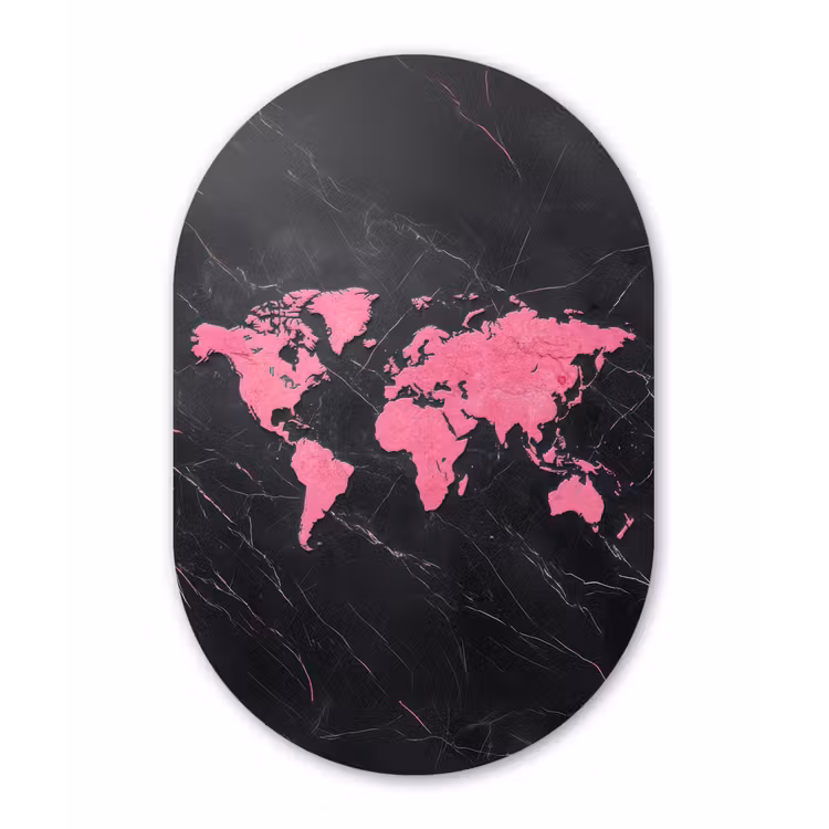 Wereldkaart - Roze - Marmer Wandcirkel Ovaal Glas middel -3d
