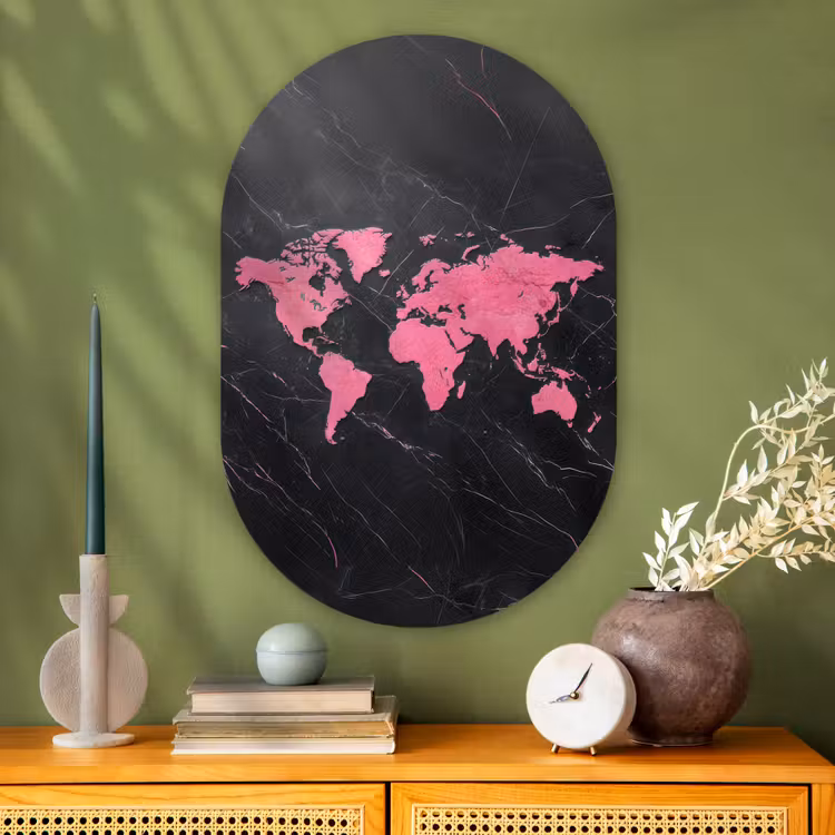 Wereldkaart - Roze - Marmer Wandcirkel Ovaal Glas middel -sfeer2