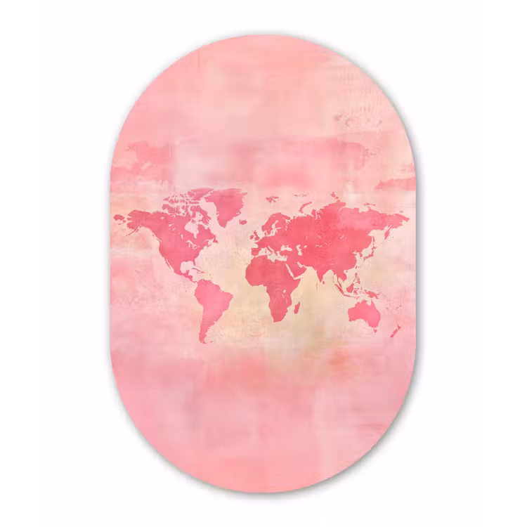 Wereldkaart - Roze - Vaag Wandcirkel Ovaal Glas middel -3d