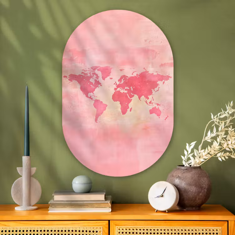 Wereldkaart - Roze - Vaag Wandcirkel Ovaal Glas middel -sfeer2