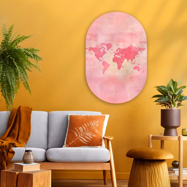 Wereldkaart - Roze - Vaag Wandcirkel Ovaal Glas middel -sfeer4