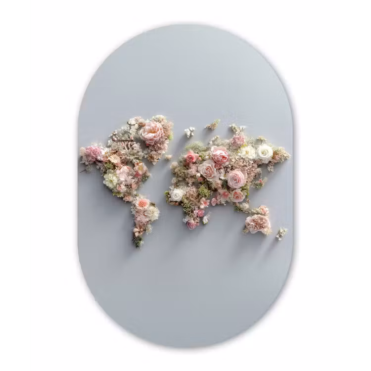 Wereldkaart - Rozen - Roze Wandcirkel Ovaal Glas middel -3d