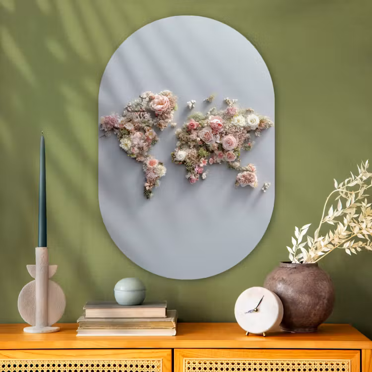 Wereldkaart - Rozen - Roze Wandcirkel Ovaal Glas middel -sfeer2