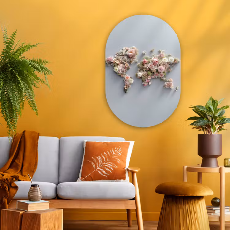 Wereldkaart - Rozen - Roze Wandcirkel Ovaal Glas middel -sfeer4