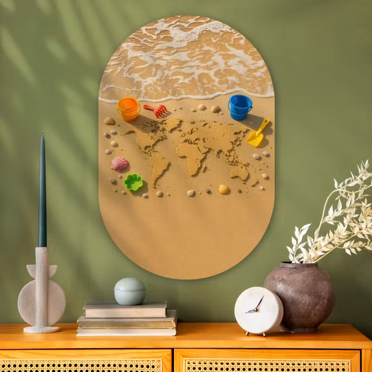Wereldkaart - Zand - Kleurrijk - Zomer Wandcirkel Ovaal Glas middel -sfeer2