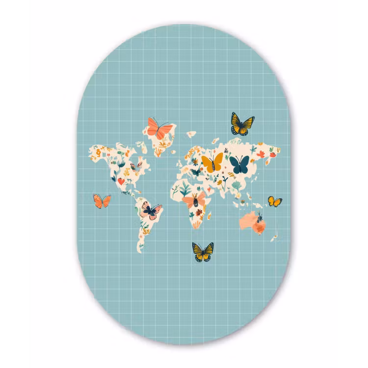 Wereldkaart - Vlinders - Dromerig Wandcirkel Ovaal Glas middel -3d