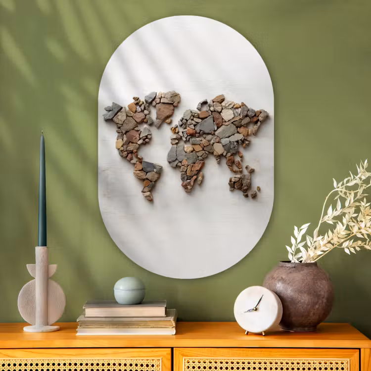 Wereldkaart - Stenen - Wit Wandcirkel Ovaal Glas middel -sfeer2