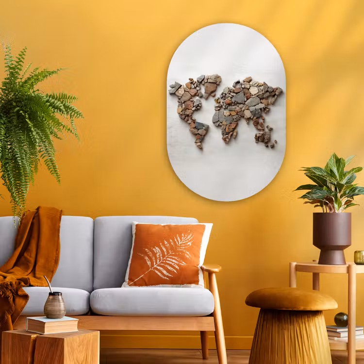 Wereldkaart - Stenen - Wit Wandcirkel Ovaal Glas middel -sfeer4