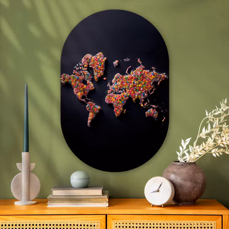 Wereldkaart - Snoepjes - Felle kleuren Wandcirkel Ovaal Glas middel -sfeer2
