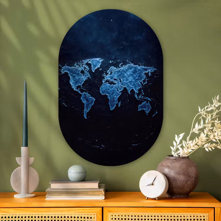 Wereldkaart - Waterstructuur - Blauw Wandcirkel Ovaal Glas middel -sfeer2