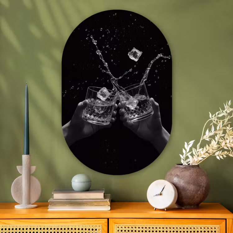 Whiskyglazen - Ijs - Spetters - Zwart Wandcirkel Ovaal Glas middel -sfeer2