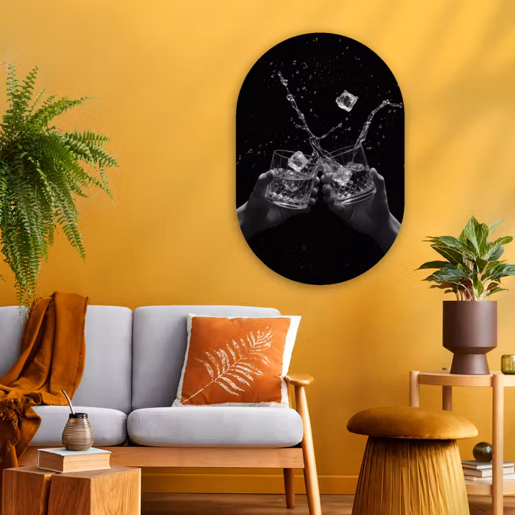 Whiskyglazen - Ijs - Spetters - Zwart Wandcirkel Ovaal Glas middel -sfeer4