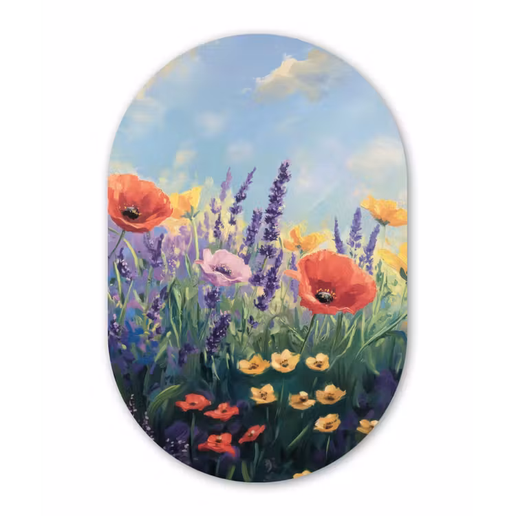 Weide - Bloemen - Kleurrijk Wandcirkel Ovaal Glas middel -3d