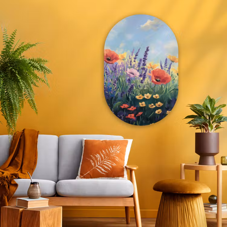 Weide - Bloemen - Kleurrijk Wandcirkel Ovaal Glas middel -sfeer4