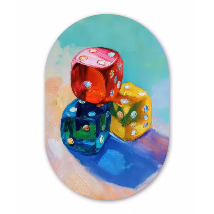 Dobbelstenen - Kleurrijk - Getallen - Stipjes Wandcirkel Ovaal Glas middel -3d