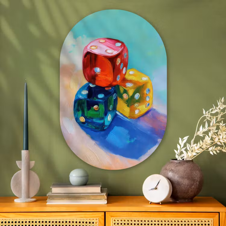 Dobbelstenen - Kleurrijk - Getallen - Stipjes Wandcirkel Ovaal Glas middel -sfeer2