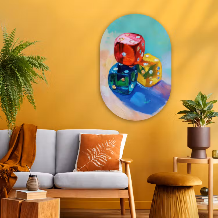 Dobbelstenen - Kleurrijk - Getallen - Stipjes Wandcirkel Ovaal Glas middel -sfeer4