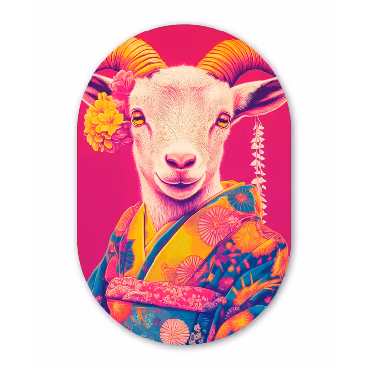 Geit - Hoorns - Kimono - Kleurrijk Wandcirkel Ovaal Glas middel -3d