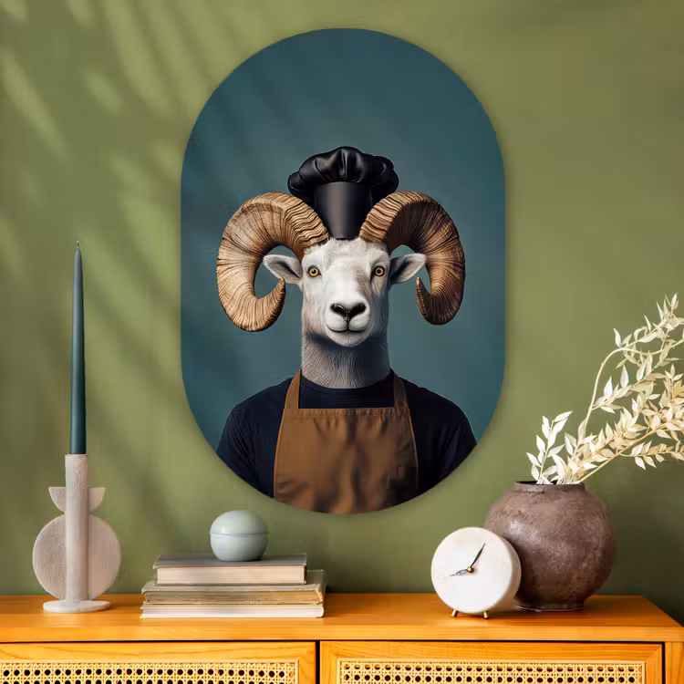 Geit - Hoorns - Kokskleding Wandcirkel Ovaal Glas middel -sfeer2