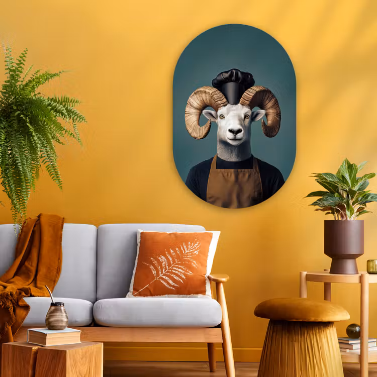 Geit - Hoorns - Kokskleding Wandcirkel Ovaal Glas middel -sfeer4