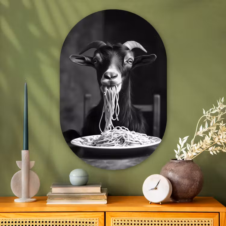 Geit - Bord - Spaghetti - Zwart Wit Wandcirkel Ovaal Glas middel -sfeer2