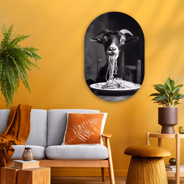 Geit - Bord - Spaghetti - Zwart Wit Wandcirkel Ovaal Glas middel -sfeer4
