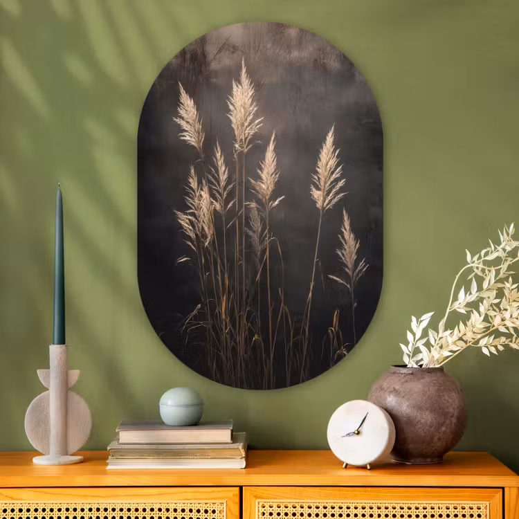 Siergras - Pluimen - Verlichting - Zwart Wandcirkel Ovaal Glas middel -sfeer2