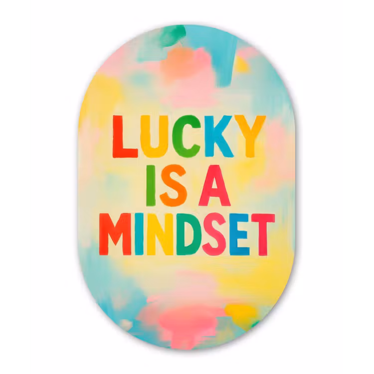 Quote - Lucky - Regenboogkleuren Wandcirkel Ovaal Glas middel -3d