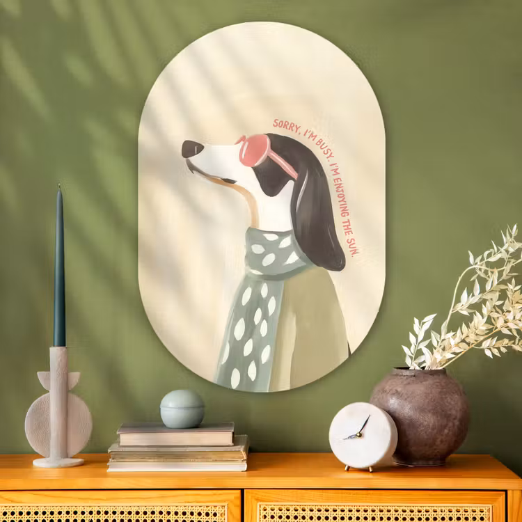 Quote - Hond - Zonnebril Wandcirkel Ovaal Glas middel -sfeer2