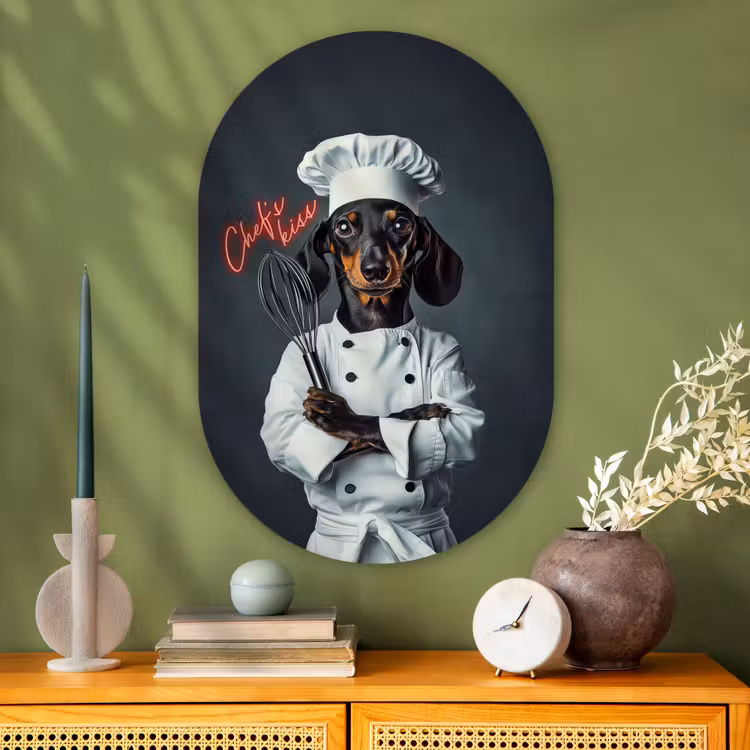 Quote - Neon - Hond - Kokskleding Wandcirkel Ovaal Glas middel -sfeer2