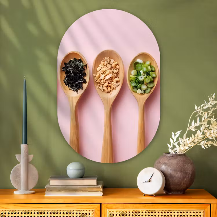 Ingrediënten - Lepels - Hout - Roze Wandcirkel Ovaal Glas middel -sfeer2