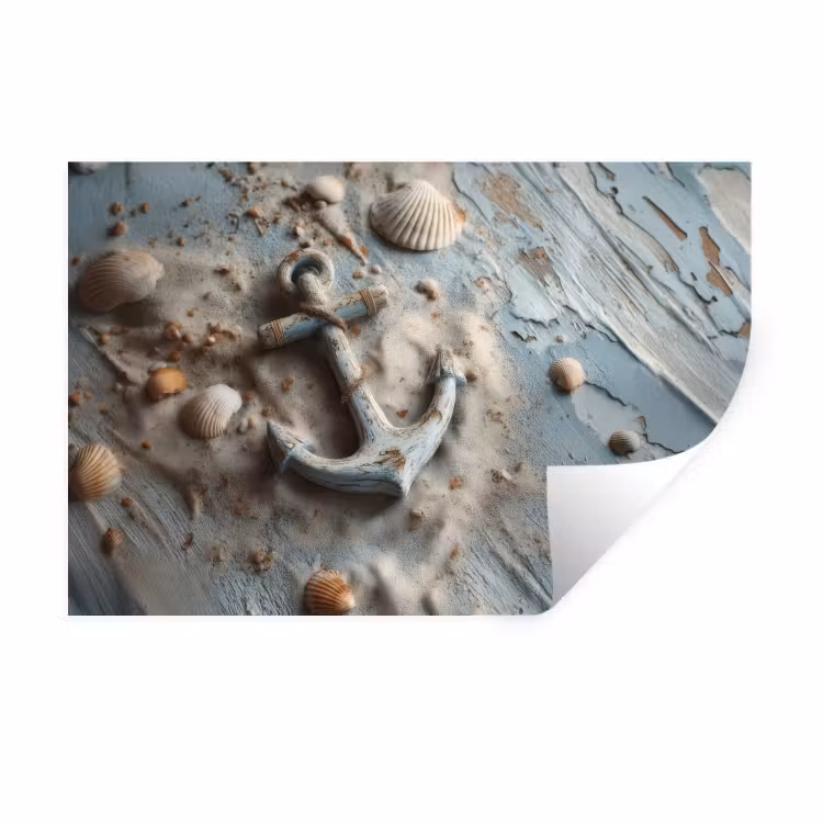 Anker - Hout - Schelpen - Zand Muursticker klein -3d