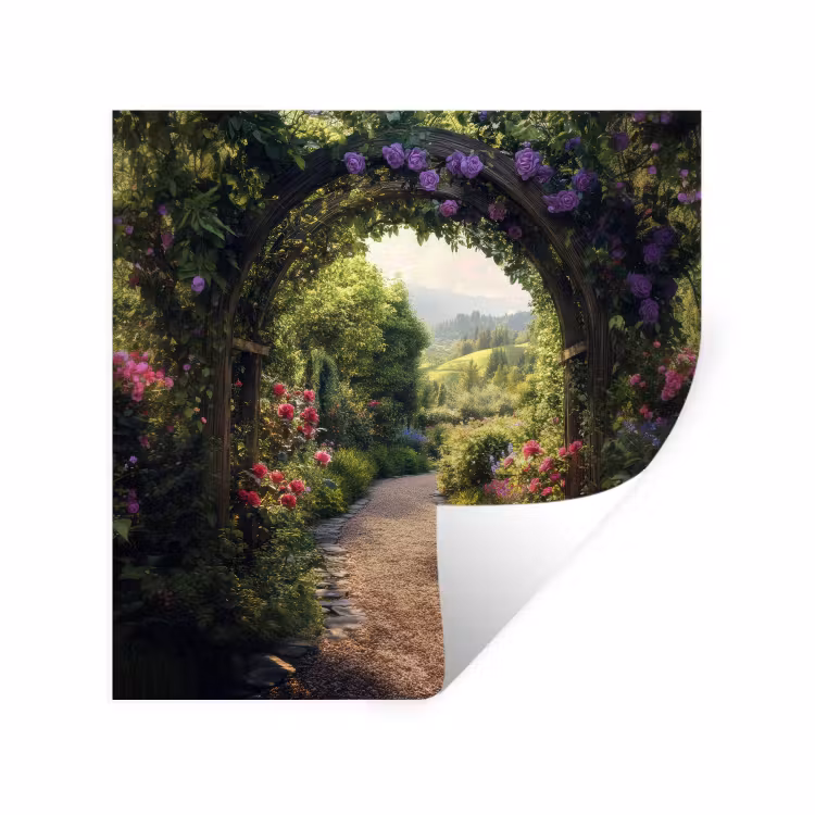 Doorkijk - Landschap - Bloemen - Tuinboog - Natuur Muursticker klein -3d