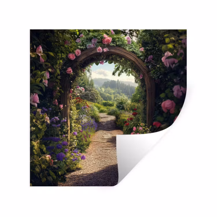Doorkijk - Landschap - Bloemen - Rozenboog - Natuur Muursticker klein -3d