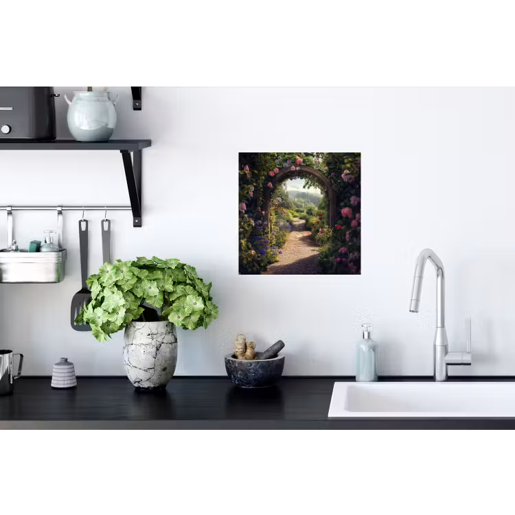 Doorkijk - Landschap - Bloemen - Rozenboog - Natuur Muursticker klein -keuken