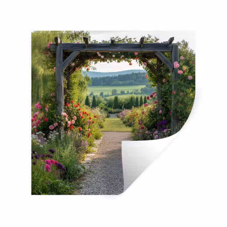 Doorkijk - Landschap - Natuur - Tuinboog - Bloemen Muursticker klein -3d