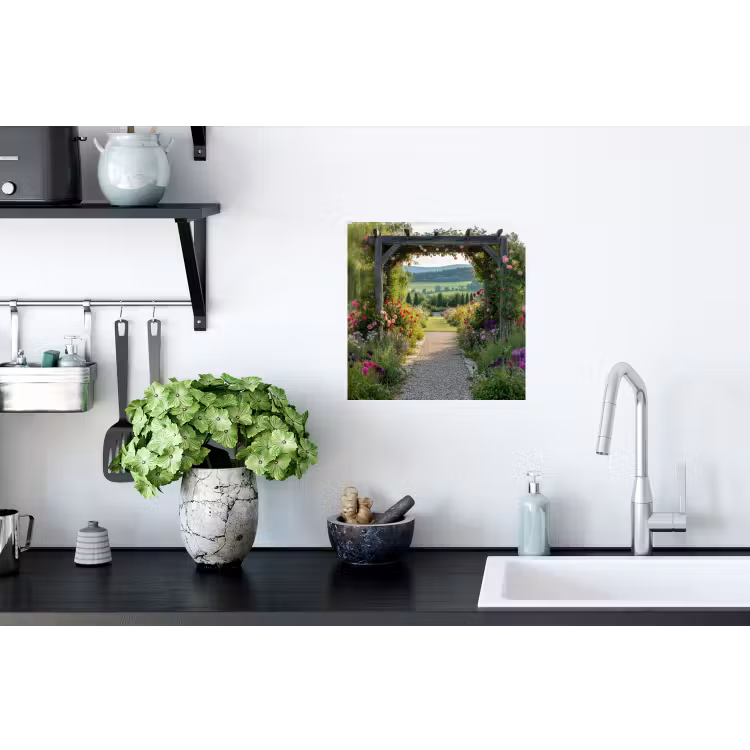 Doorkijk - Landschap - Natuur - Tuinboog - Bloemen Muursticker klein -keuken