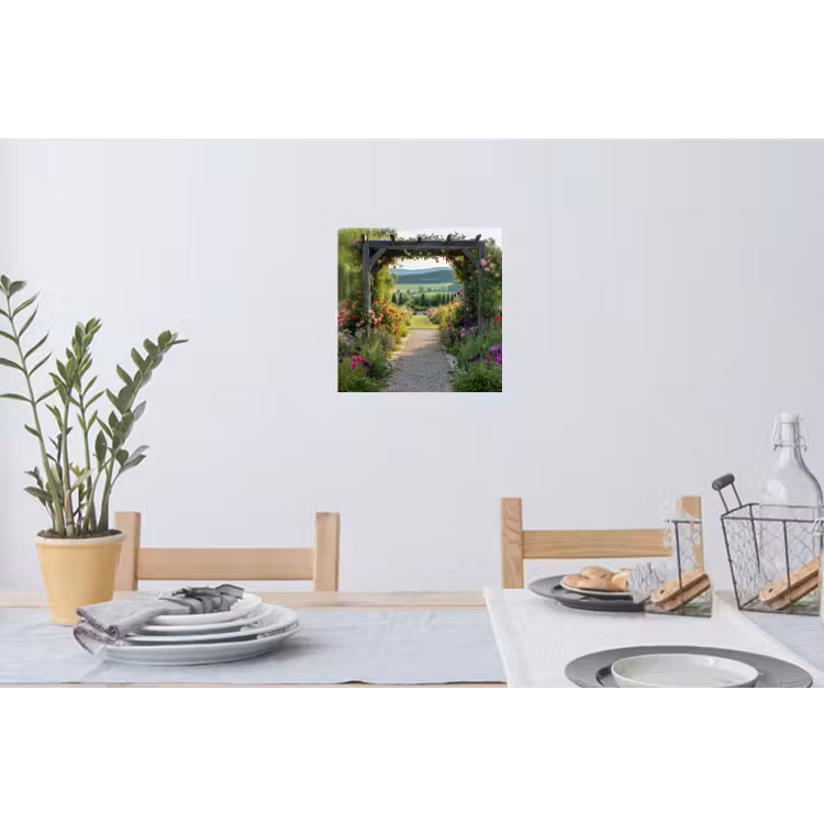 Doorkijk - Landschap - Natuur - Tuinboog - Bloemen Muursticker klein -eettafel