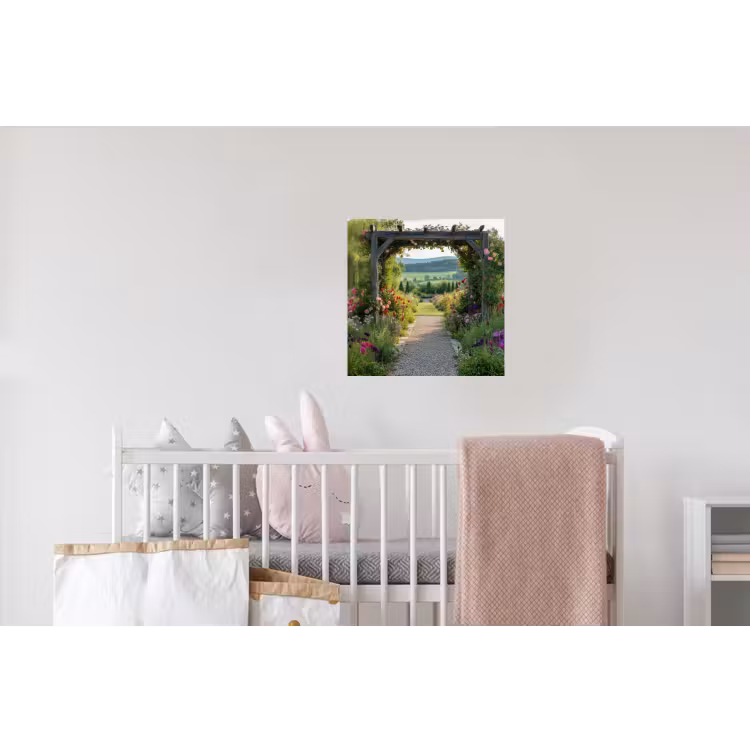 Doorkijk - Landschap - Natuur - Tuinboog - Bloemen Muursticker klein -kinderkamer