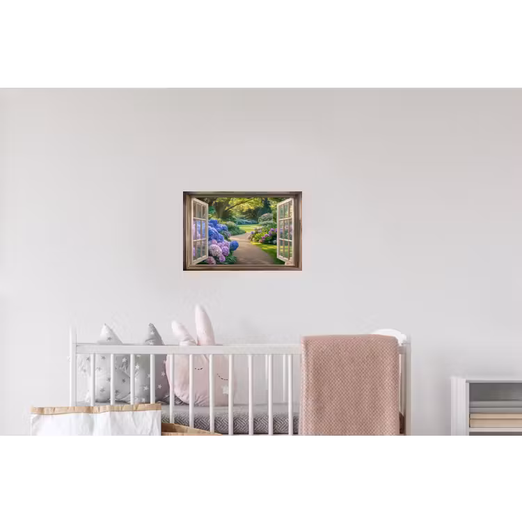 Doorkijk - Tuin - Raam - Hortensia - Bloemen Muursticker klein -kinderkamer